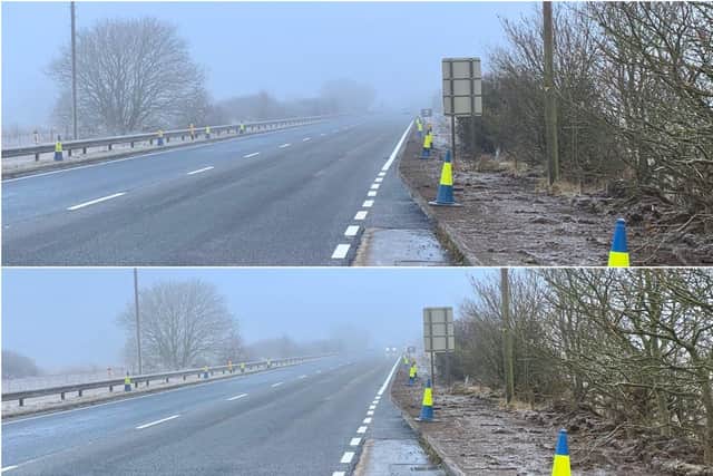 Pictures provided by North Yorkshire Police show cars with and without lights driving in the fog.