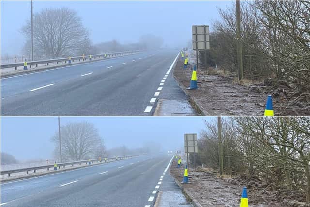 Pictures provided by North Yorkshire Police show cars with and without lights driving in the fog.