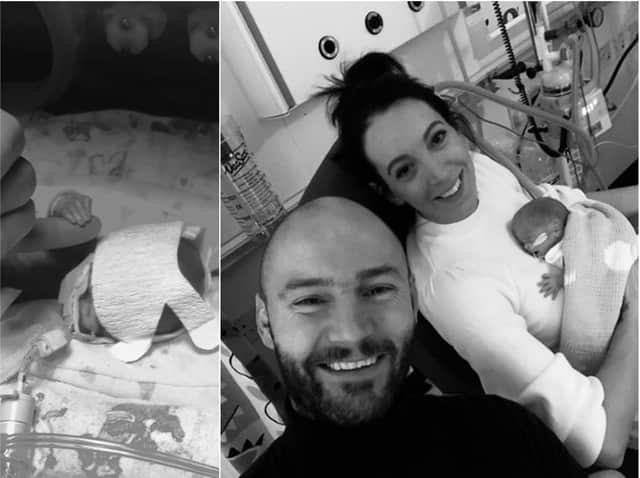 Tiny Nephie, left, and Geoff and Natasha with their son. Pictures from the Hogarth family.