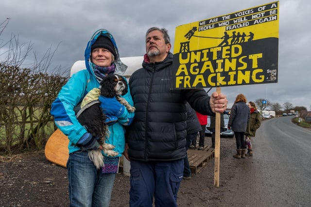 Anti-fracking campaigners Ginnie Shaw, of Osbaldwick, York, and Peter Shaw, of Pickering, near the entrance of the Third Energy fracking site.