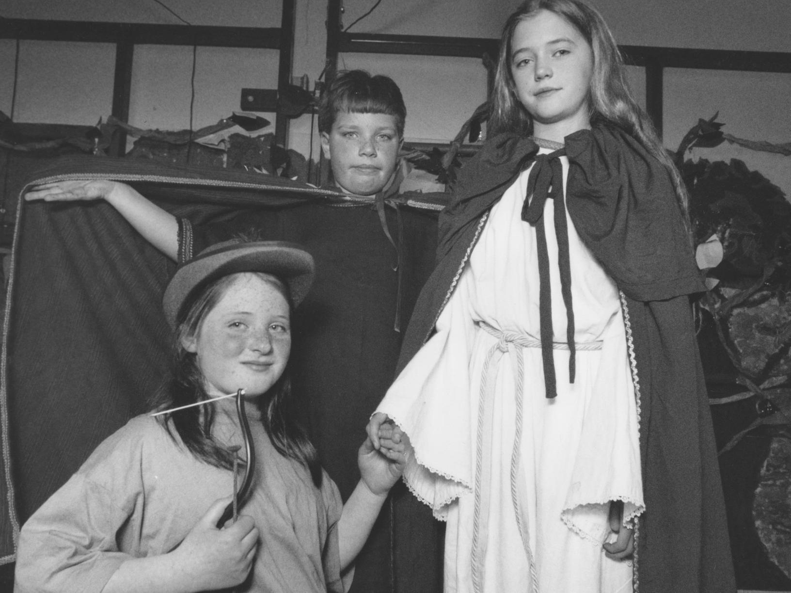 Hunmanby School's dress rehearsal of Robin Hood in March 1996. Pictured are Amy Stead as Robin, front, Holly Missin as Maid Marion and Daniel Crossley as the Sheriff of Nottingham.