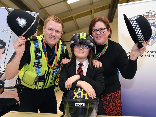 PC Kevin Jones, Frankie Cunningham 11 and safe communities officer Erika Kelly.