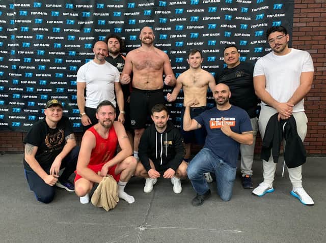 Whitby sports therapist Matt Towey (front centre) with lineal heavyweight champion Tyson Fury (back row third from left) and the rest of the team in Las Vegas