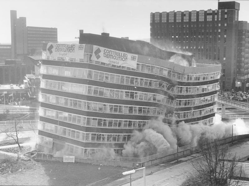 Telecom House in Leeds is demolished in February 1990, with homes cleared and major roads closed before the controlled explosion was carried out