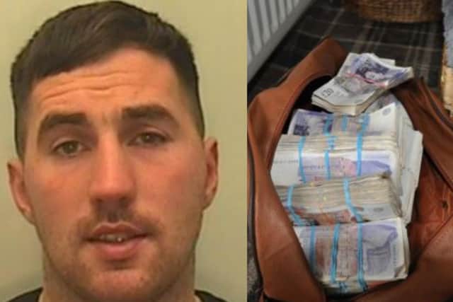 Left Robert Clark, 29 and right, cash found in Clark's house. Picture from West Yorkshire Police
