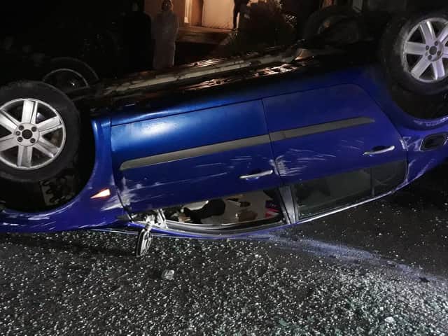 A Renault Megane failed to stop for police in Carleton. It crashed a short time later in Cononley, ending up on its roof.