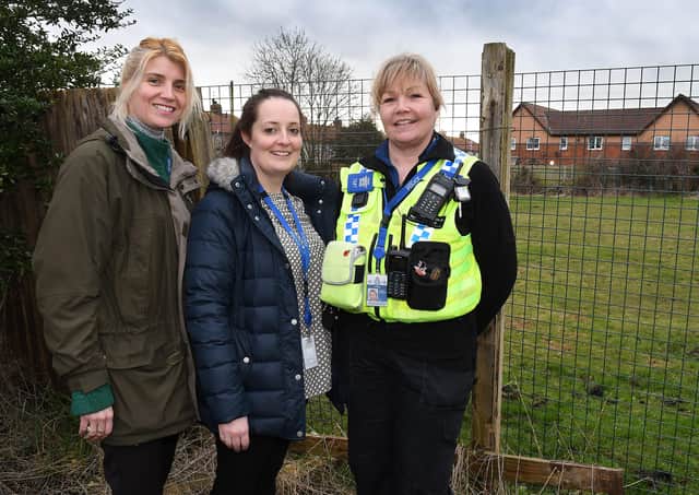 Housing officer Jill Winter, PCSO Rebecca Brown and PCSO Andrea Humphrey are pictured at the proposed garden site on the Havenfield estate.
