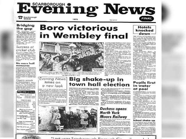 Scarborough Football Club won the FA Challenge Trophy after beating Wigan Athletic 2-1 at Wembley. Other stories featured include the demolition of the Pavilion Hotel and the opening of the indoor pool.