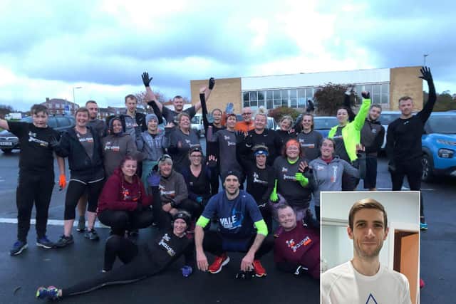 Andy Messenger with fellow runners and supporters. Inset: Andy Messenger.
