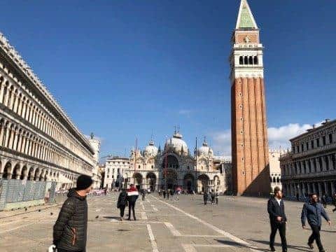 A near-empty St Mark's Square, normally teeming with tourists