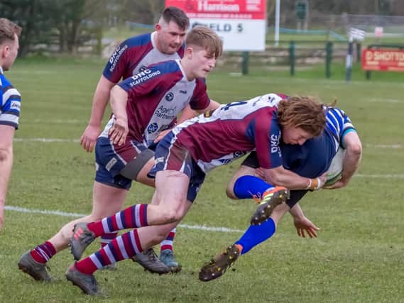 Angus Frend, pictured tackling a Driffield player last weekend in the derby loss, will be eager to help his side to a home win against Morley on Saturday