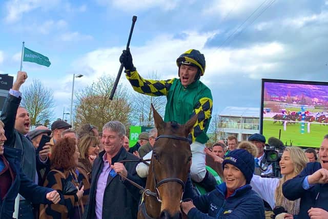 Former Scarborough FC ace Tony Outhart, left, and his fellow owners, celebrate Lisnagar Oscar's win at Cheltenham with jockey Adam Wedge
PICTURE BY GREAT BRITISH RACING