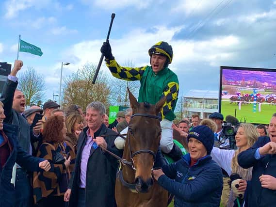 Former Scarborough FC ace Tony Outhart, left, and his fellow owners, celebrate Lisnagar Oscar's win at Cheltenham with jockey Adam Wedge


PICTURE BY GREAT BRITISH RACING