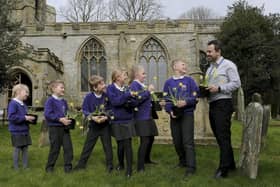 Headteacher Olly Cooper and pupils from Brompton and Sawdon County Primary School