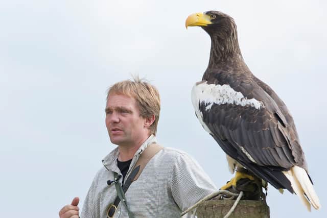 National Centre for Birds of Prey director Charlie Heap is pictured with Inowashi, Rishi's mother. Photo by Linda Wright