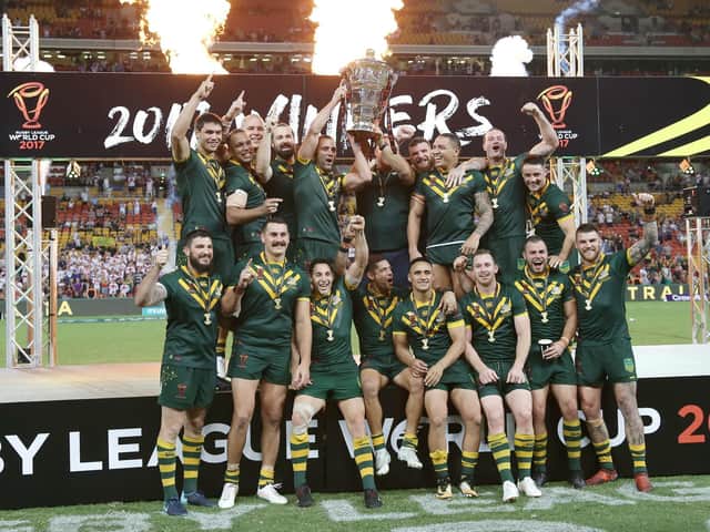 Australia celebrate after winning the 2017 Rugby League World Cup final against England in Brisbane. (SWpix.com/PhotosportNZ/Tertius Pickard / www.photosport.nz)