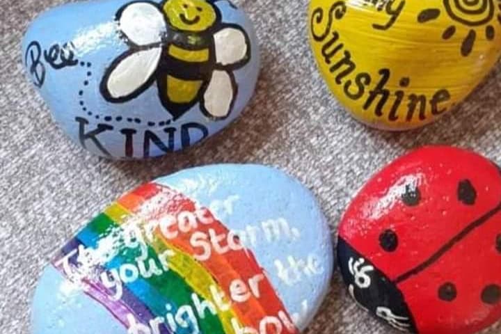 Pebbles Exercise Village is peppered with painted pebbles to brighten exercise routines