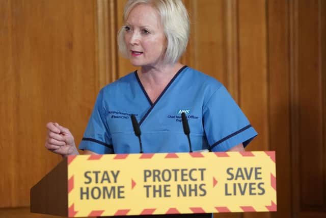 Chief nursing officer for England, Ruth May answering questions from the media via a video link during a media briefing in Downing Street. Photo: PA