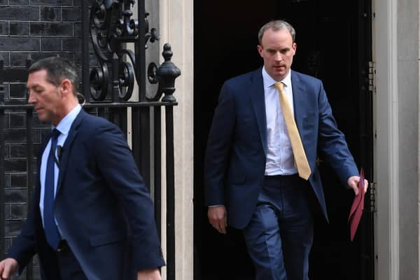 Foreign Secretary Dominic Raab leaving 10 Downing Street, London, as Prime Minister Boris Johnson remains in hospital following his admission on Sunday with continuing coronavirus symptoms. Photo: PA