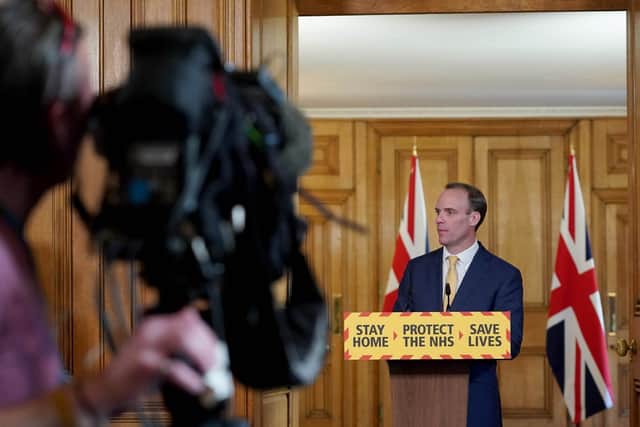 10 Downing Street handout photo of Foreign Secretary Dominic Raab during a media briefing in Downing Street, London, on coronavirus (COVID-19). Photo: PA