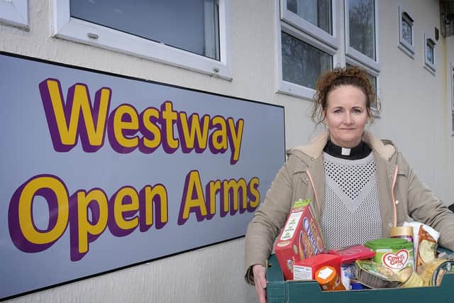 Reverend Sam Taylor with some of the food donations at the Westway Open Arms. Picture: JPI Media/ Richard Ponter
