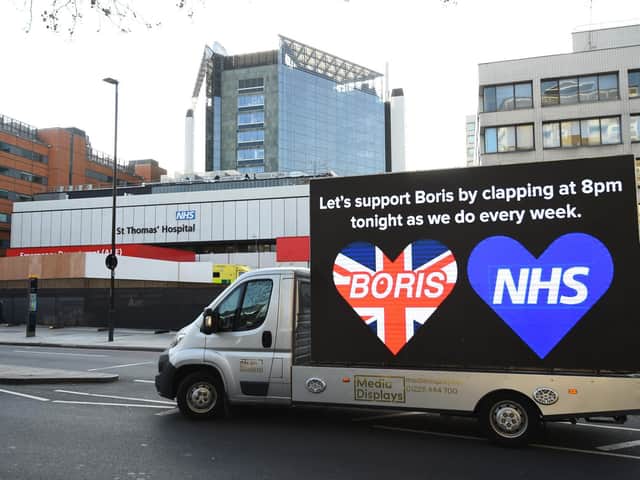 A billboard van outside St Thomas' Hospital in Central London where Prime Minister Boris Johnson is undergoing treatment. Photo: PA