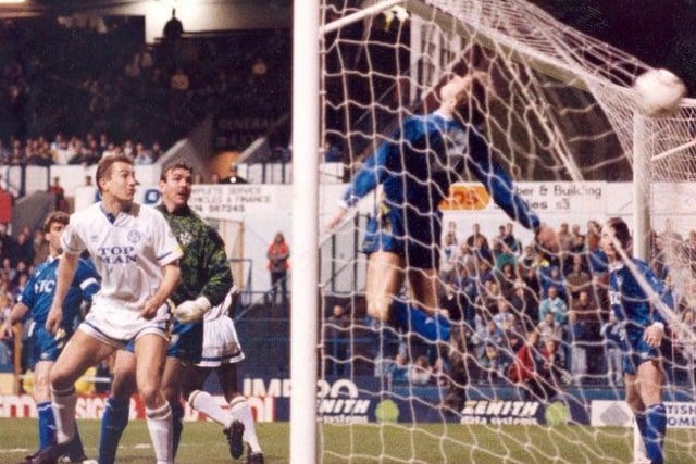 Mel Sterland's power shot bulges the Everton net after just 36 seconds of the Zenith Data Systems Northern Final, first leg.