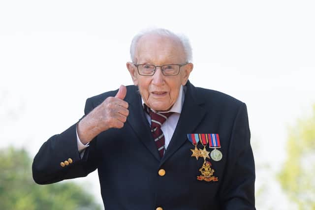 99-year-old war veteran Captain Tom Moore at his home in Marston Moretaine, Bedfordshire, after he achieved his goal of 100 laps of his garden.
