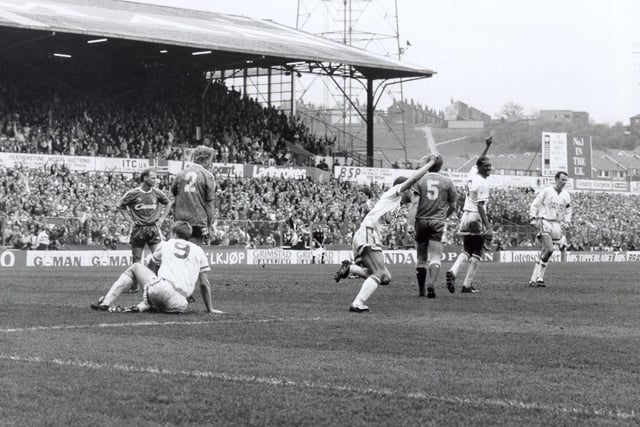 Carl Shutt turns and celebrates after scoring for the Whites. Were you among the 31,460 fans at Elland Road that day?