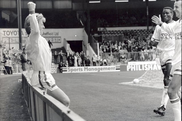 Gordon Strachan celebrates his goal as Leeds United beat the Blades at Bramall Lane. John Pearson scored the other goal.