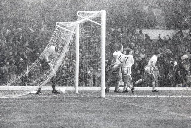 Boxing Day action from Elland Road as the Whites thumped Chelsea, thanks to goals from Lee Chapman (2), Mike Whitlow and Mel Sterland. The rain lashes down as United celebrate Chapman's first goal.