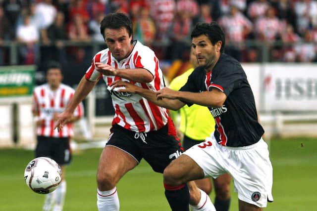 Boro boss Darren Kelly, left, in action for Derry City against PSG