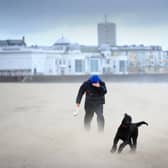 A dog walker on Bridlington Bay during Storm Ciara in February