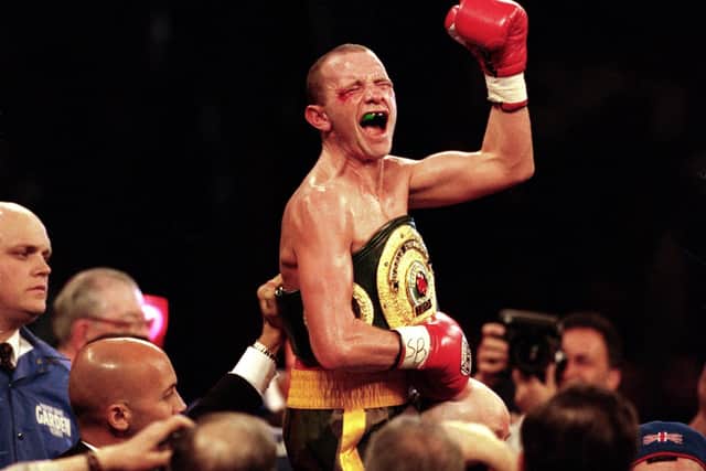 29 Apr 2000:  Paul Ingle celebrates after winning the fight against Junior Jones at Madison Square Garden, New York. Ingle defeated Jones in a knock out in the 11th round. Mandatory Credit: Ezra O. Shaw  /Allsport