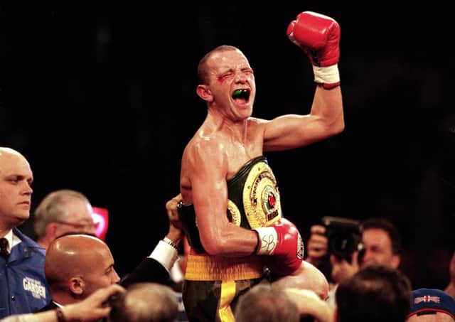 29 Apr 2000: Paul Ingle celebrates after winning the fight against Junior Jones at Madison Square Garden, New York. Ingle defeated Jones in a knock out in the 11th round. Mandatory Credit: Ezra O. Shaw /Allsport