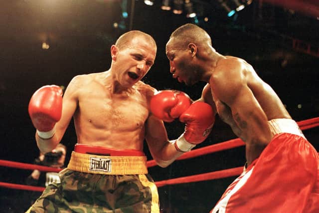 29 Apr 2000: Paul Ingle of England and Junior Jones of Brooklyn, NY  slug it out at Madison Square Garden in New York City.  Ingle won by TKO in the 11th round. Mandatory Credit: Al Bello/ALLSPORT