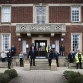 Wendy Nichols, UNISON Branch Secretary, and Richard Flinton, NYCC Chief Executive, with NYCC staff observing the minute silence at County Hall while observing social distancing requirements.