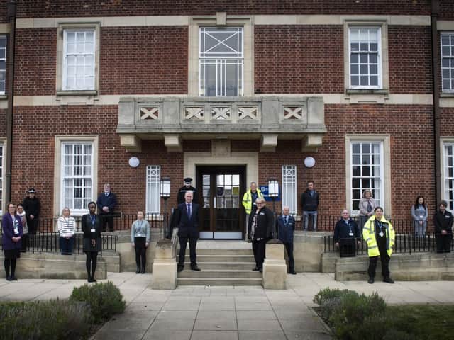 Wendy Nichols, UNISON Branch Secretary, and Richard Flinton, NYCC Chief Executive, with NYCC staff observing the minute silence at County Hall while observing social distancing requirements.