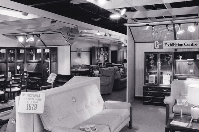 A large display of lamps, chandeliers and beyond, TV sets in the mid-1980s.