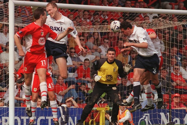 Brett Angell heads home for Second Division champions PNE against Bristol City on the final day of the 1999/2000 season at Ashton Gate