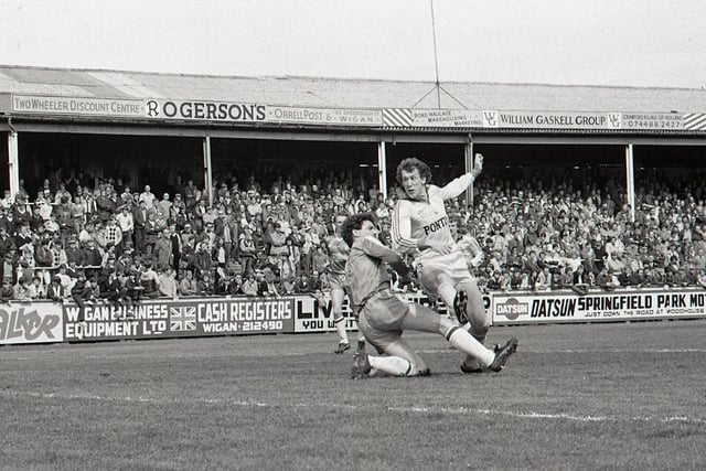 Alan Gowling scores for PNE against Wigan at Springfield Park on the final day of the 1982/83 season