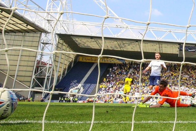 Louis Moult scores PNE's late winner against Burton Albion at Deepdale in May 2018 - the last day of the 2017/18 campaign.