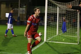 Chris Dawson celebrates the late winner for Boro at Matlock