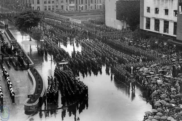 An open-air service to commemorate Victory in Europe Day in 1945 in Scarborough.