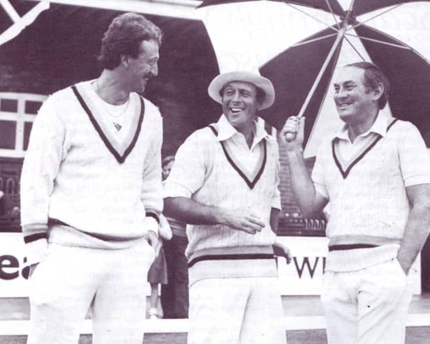 Sir Geoffrey Boycott shares a joke with Arnie Sidebottom and Ray Illingworth in front of the pavilion at North Marine Road during Yorkshires County Championship match against Sussex in 1982