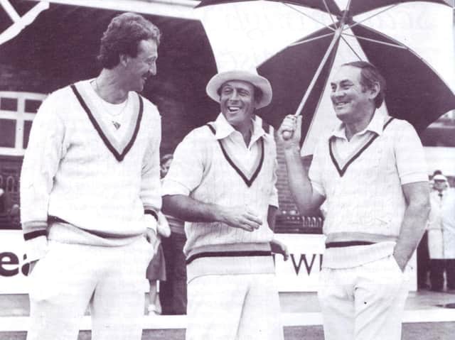 Sir Geoffrey Boycott shares a joke with Arnie Sidebottom and Ray Illingworth in front of the pavilion at North Marine Road during Yorkshires County Championship match against Sussex in 1982