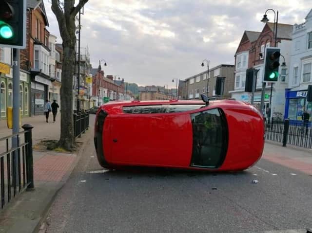 The overturned VW vehicle on Falsgrave Road.