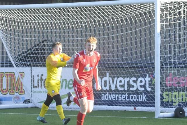 Connor Avison scores for the Scarborough Athletic Scholarship Under-19s team