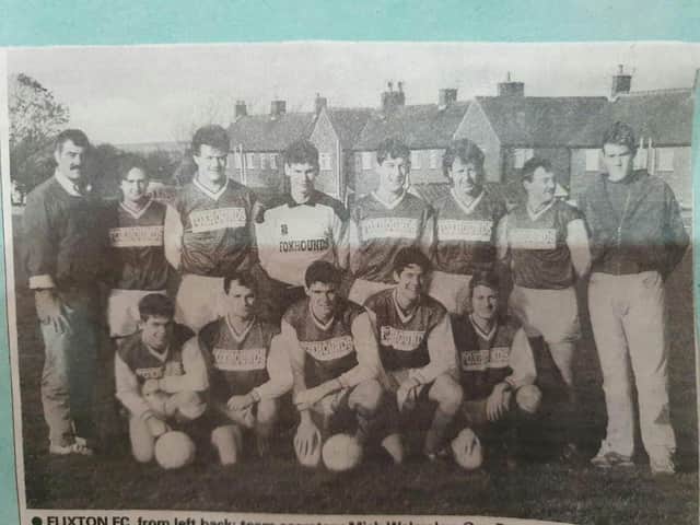 Manager Mick Walmsley, back row, extreme left, lines up with his Flixton FC team in the 1990s
