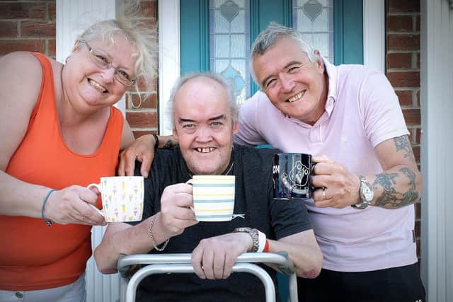 Shaun Sullivan returns to Filey and a cuppa, with sister Alice Lavery and brother Paul Sullivan